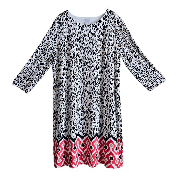 CHICO'S 3 Women's XL 16 Dress Leopard Southwest Midi 3/4 Sleeve Lined Flowy 46" - Picture 1 of 8